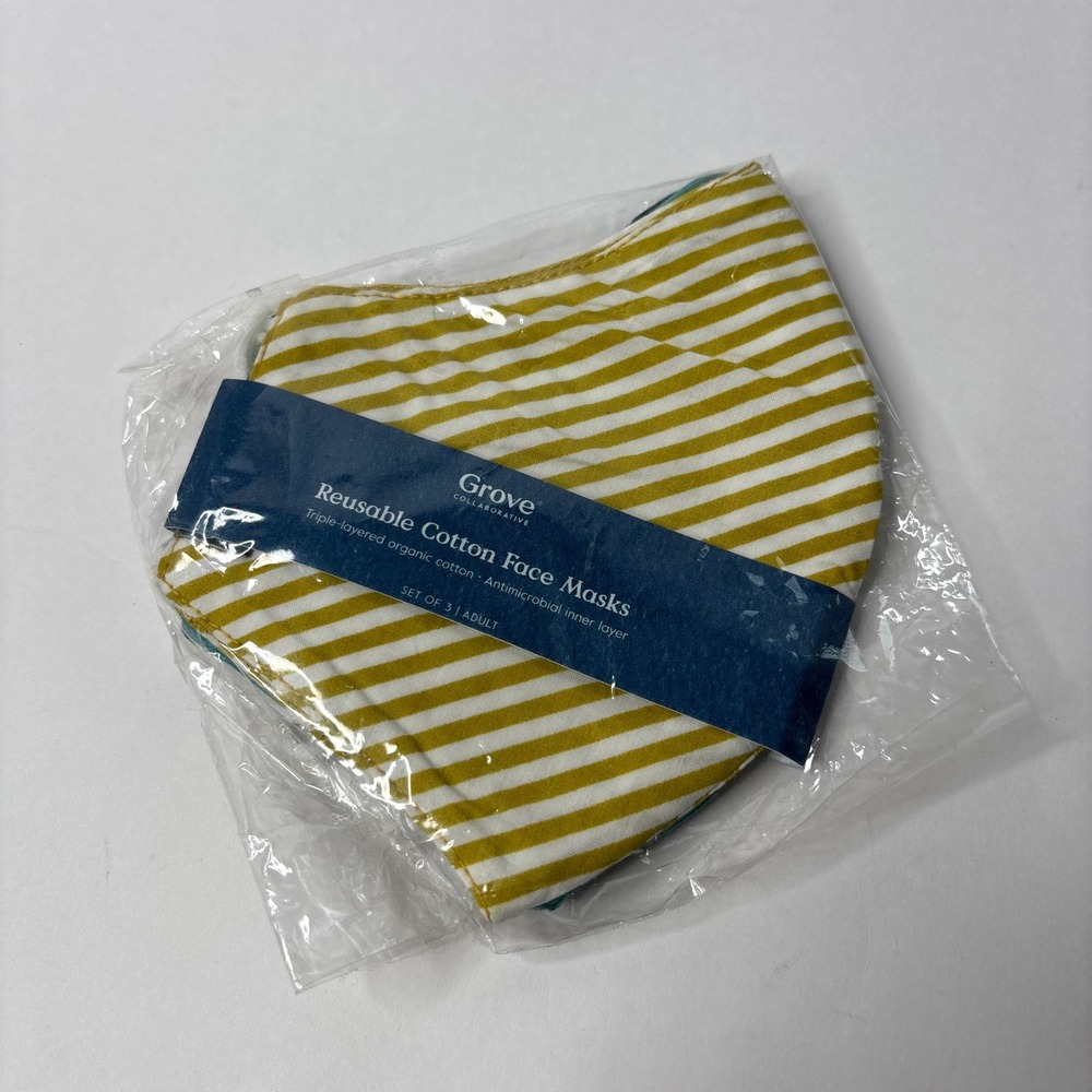 Grove Collaborative Reusable Cotton Face Masks Set 3 Adult Striped Teal Yellow